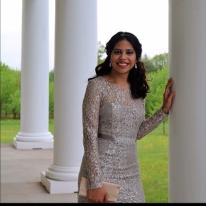 Silver lace evening gown